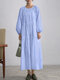 Solid Color Casual O-neck Long Lantern Sleeve Pleated Dress - Blue