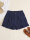 Solid Ruffle Pleated Button Wide Leg Shorts For Women - Navy