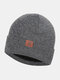 Men & Women Plus Thicken Warm Ear Protection Flanging Leather Label Decoration Knitted Hat Brimless Beanie - Dark Gray