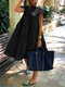 Robe en coton à manches volantées pour femmes, conception superposée, couleur unie - Noir