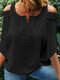 Damen-Bluse mit 3/4-Ärmeln, schulterfrei, gespleißt, gekerbtem Ausschnitt - Schwarz