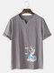 Mens Chinese Style Crane Print V-Neck Cotton Linen Loose Half Sleeve T-Shirts - Gray