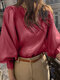Solid Puff Sleeves Button Back Crew Neck Blouse For Women - Rose