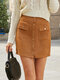 Corduroy Solid Button Mini Skirt For Women - Brown