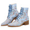 Plus Size Women Elegant Flowers Embroideried Cloth Strappy Chunky Heel Boots - Blue