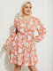 Plus Size Deep V Neck Floral Print Tie-up Design Long Sleeves Dress - Pink