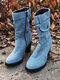 Women Retro Denim Cloth Side Zip Bag Decor Chunky Heel Mid Calf Boots - Light Blue