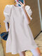 Solid Shirred Puff Sleeve Crew Neck A-line Casual Dress - White