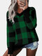 Plaid Print V-neck Long Sleeves Casual Sweater for Women - Green