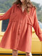 Einfarbiges Revers mit Knopfleiste, lockeres Langarmhemd Kleid - Rost