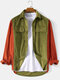 Mens Colorblock Splicing Corduroy Button Up Lapel Long Sleeve Shirts - Army Green