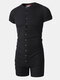 Men One Pieces Viscose Short Sleeve Top Jumpsuit Buttons Down Plain Union Pajamas - Black