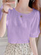 Solid Textured Short Sleeve Crew Neck Casual Blouse - Purple