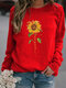 Flower Print Long Sleeve O-neck Casual Sweatshirt For Women - Red