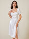 Dot Print Slit Square Collar Short Sleeve Elegant Dress - White