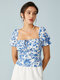 Blue Floral Print Puff Sleeve Knotted Sqaure Collar Blouse - Blue