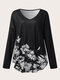 Plus Size Flower Print V-neck Long Sleeve Casual Women T-shirt - Black