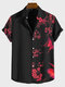 قمصان رجالي بأكمام قصيرة وطبعة زهر البرقوق الصيني - أسود