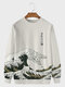 Mens Japanese Wave Cat Print Crew Neck Pullover Sweatshirts - Beige