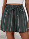 Color Contrast Stripe Drawstring Waist Cotton & Linen Shorts - Green