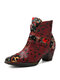 Socofy Casual Floral Print Leather Patchwork Cloth Side-zip Comfortable Square Toe Chunky Heel Boots - Red