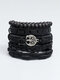 5 Pcs Vintage Casual Wooden Beads Tree Of Life PU Bracelet Personality Hand Woven Bracelet - Black