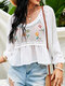 Holiday Floral Embroidery Crochet O-neck Long Sleeve Patchwork Hollow Chiffon Blouse - White