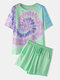 Women Tie Dye Pajamas Set Softies Print Short Sleeves Loungewear - Green