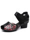 Socofy Women Ethnic Soft Sole Open Toe Chunky Heel Sandals - Black