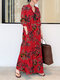 Floral Print Button Pocket Long Sleeve Casual Dress for Women - Red