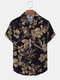 Mens Allover Plant Printed Lapel Button Up Short Sleeve Shirts - Black