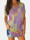 Tie Dye Printed V-neck Short Sleeve Casual T-shirt - Pink