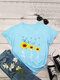 Floral Printed Short Sleeve O-Neck T-shirt - Light Blue