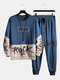 Mens Letter Graffiti Print Crew Neck Sweatshirt Contrast Street Two Pieces Outfits - Blue