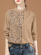 Women Abstract Print Patchwork Stand Collar Cotton Shirt - Khaki