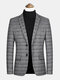 Mens Plaid Lapel Collar Single Breasted Woolen Blazer With Pocket - Gray
