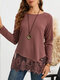 Lace Stitch Long Sleeve O-neck T-shirt For Women - Red
