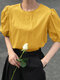 Puff Sleeve Solid Color Short Sleeve Crew Neck Casual Blouse - Yellow