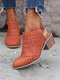 Plus Size Women Hollow Design Buckle Casual Chunky Heel Boots - Orange
