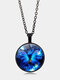 Vintage Blue Butterfly Women Necklace Alloy Glass Printing Pendant Sweater Chain - Black