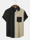 Mens Contrast Patchwork Revere Collar Corduroy Casual Short Sleeve Shirts - Black