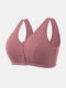 Plus Size Women Solid Color Ribbed Cotton Breathable Wireless Button Front T-Shirt Bra - Pink