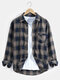 Mens Check Button Up Lapel Cotton Long Sleeve Shirts With Pocket - Blue
