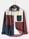 Mens Corduroy Tricolor Patchwork Embroidered Lapel Button Casual Shirts - Multicolor