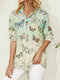 Butterfly Print Lapel Long Sleeve Casual Shirt For Women - Green