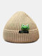 Unisex Knitted Solid Color Cartoon Frog Doll Decoration Letter Label Fashion Warmth Brimless Beanie Landlord Cap Skull Cap - Khaki