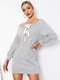 Solid Lace Up Off-shoulder Long Sleeve Casual Dress - Gray