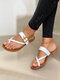 Plus Size Women Casual Summer Vacation Belt Buckle Embellished Thumb Slippers - White