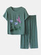 Frauen Schmetterling Print Loungewear Kurzarm Floral Lose Atmungsaktive O-Neck Sommer Pyjamas Zum Draußen Tragen - Grün