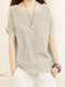 Solid Pocket Roll Short Sleeve Round Neck Casual Blouse - Beige